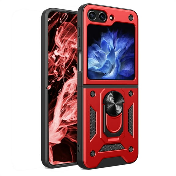 CCSmaller for Samsung Galaxy Z Flip5 Case for Men, Military Grade Drop Protective Phone Cover Case with Ring Kickstand for Samsung Galaxy Z Flip 5 SJ Red
