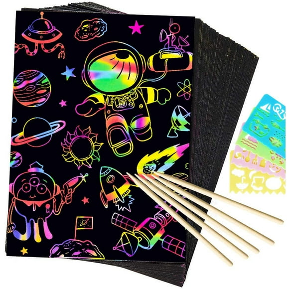 50 Piece Rainbow Scratch Paper - 5 Wooden Styluses Included - 4 Drawing Stencils-Create Rainbow Scratch Art with This Jumbo Craft Pack