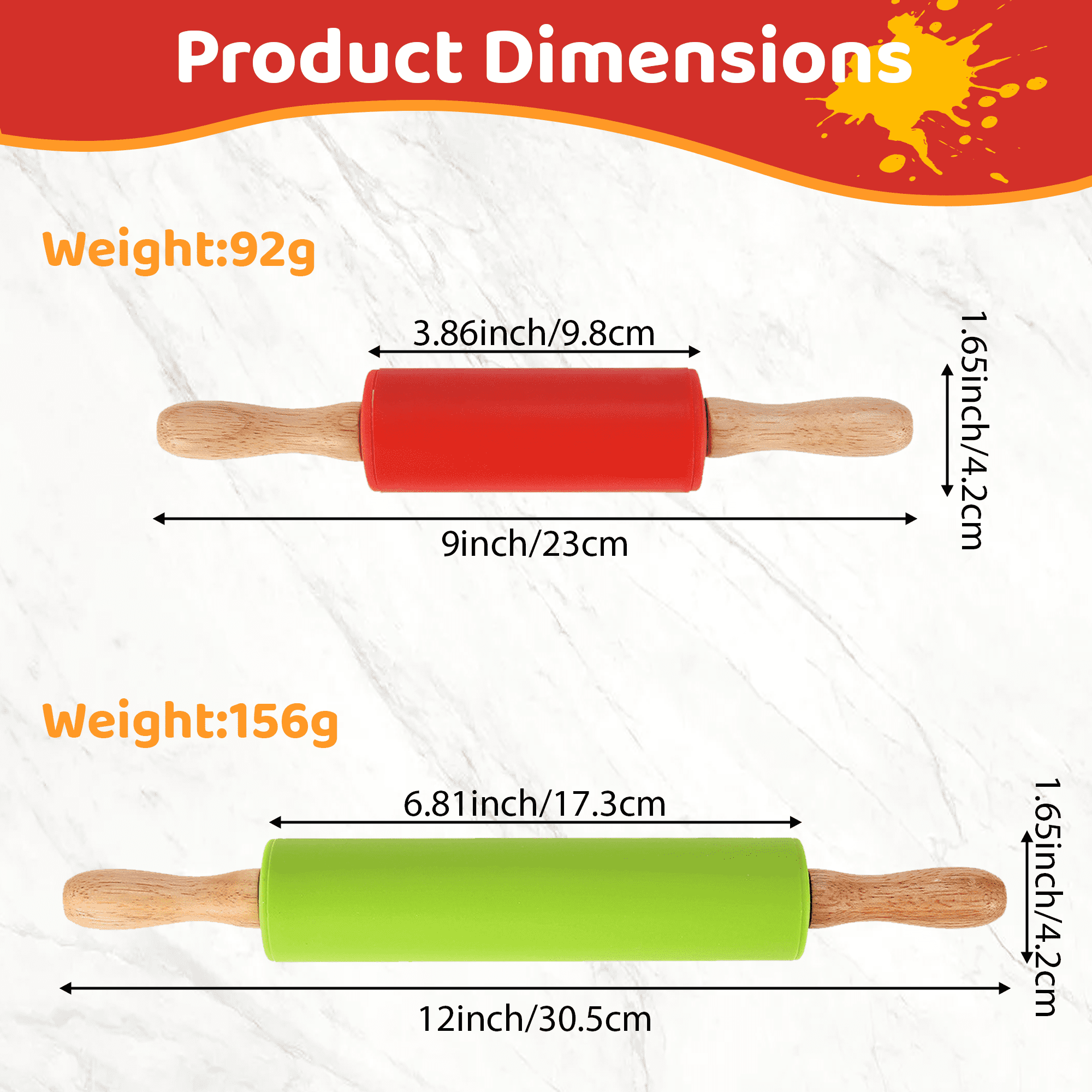 2 Pack Silicone Rolling Pin for Baking, 12/9 In Non Stick Surface Dough Roller with Wooden Handle, Rolling Pins for Baking Pizza, Pies, Pastry and Cookies,(Green/Red)