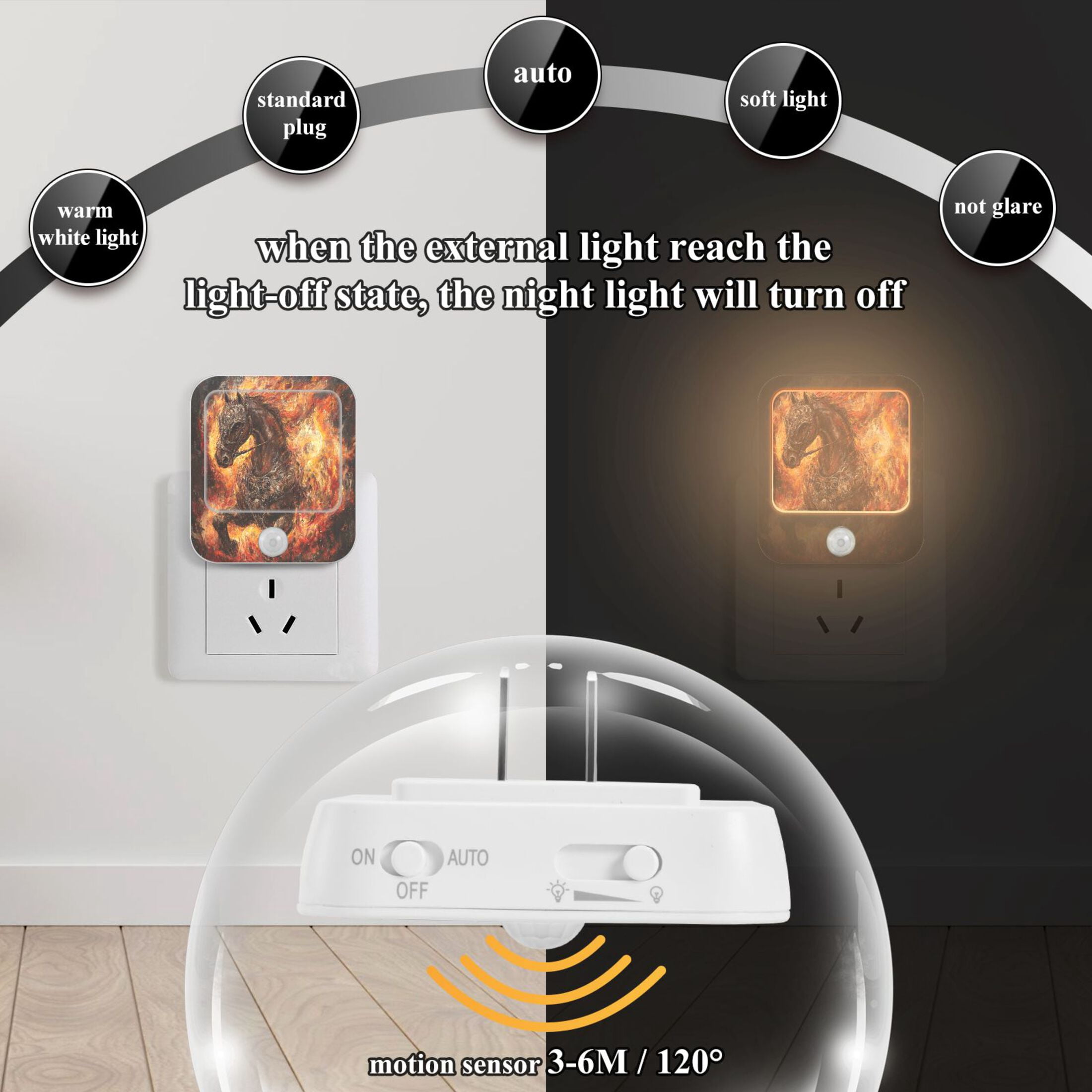 WOBOGO Fiery Warrior Horse Night Light Lamp with Smart Sensor Dusk to Dawn Sensor 0.6W Plug-in 2-Pack