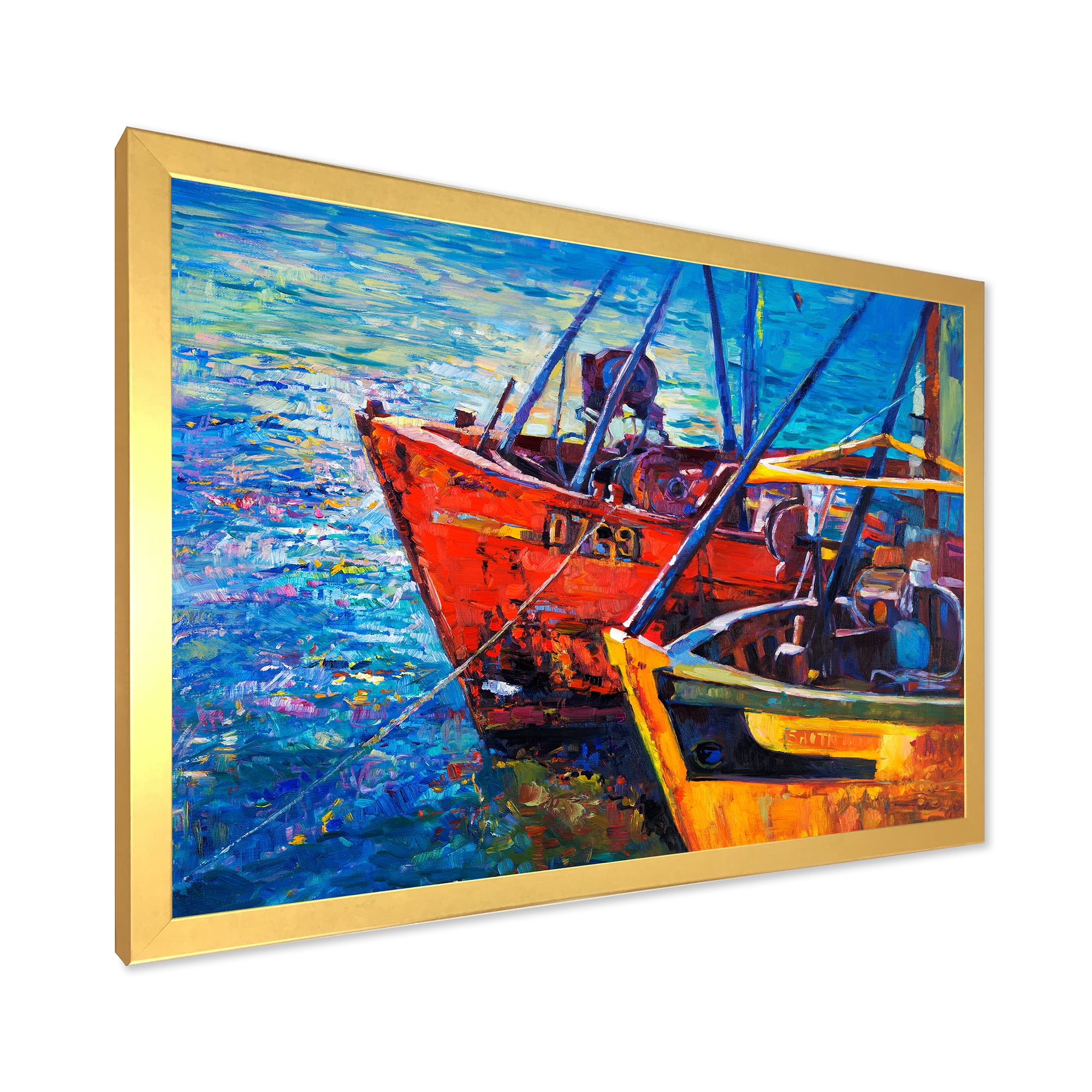 Boats During Warm Sunset Resting On The Water VII 40 in x 30 in Framed Painting Canvas Art Print, by Designart