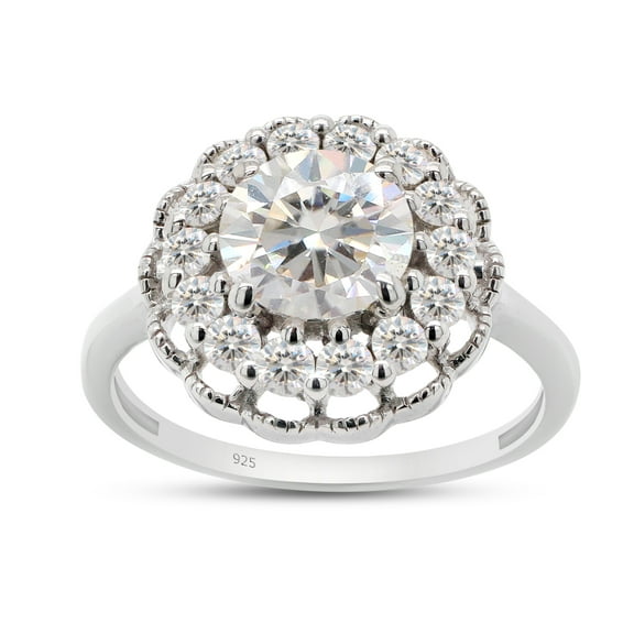 1 1/2 ct t.w Center 7MM Round Cut Lab Created Moissanite Milgrain Flower Halo Engagement Ring For Women In 14K White Gold Over Sterling Silver(G-H Color, VVS1 Clarity 1.50Cttw) Size - 4