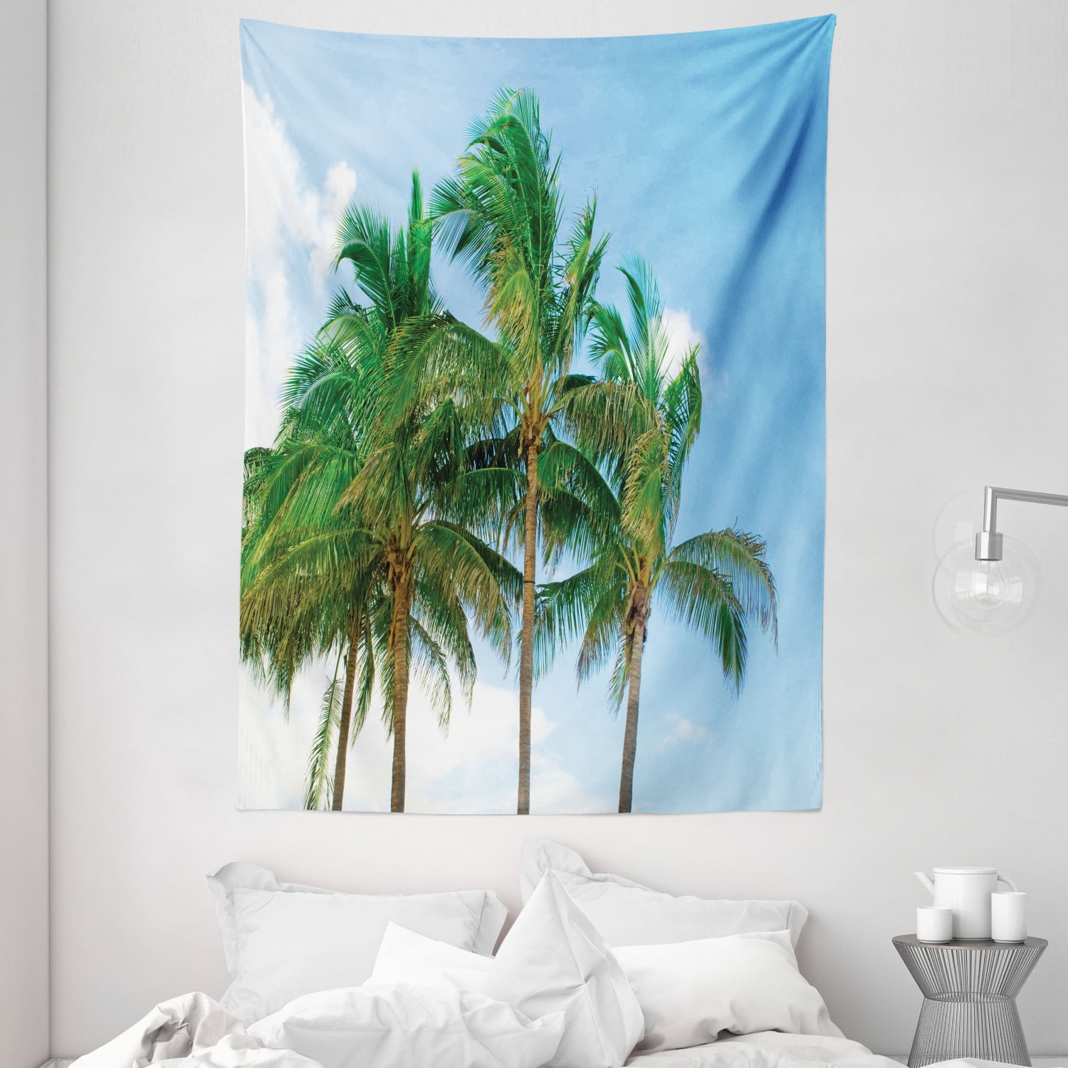 Tropical Decor Tapestry, Palm Tree Tops in Sunny Sky Relaxing Exotic