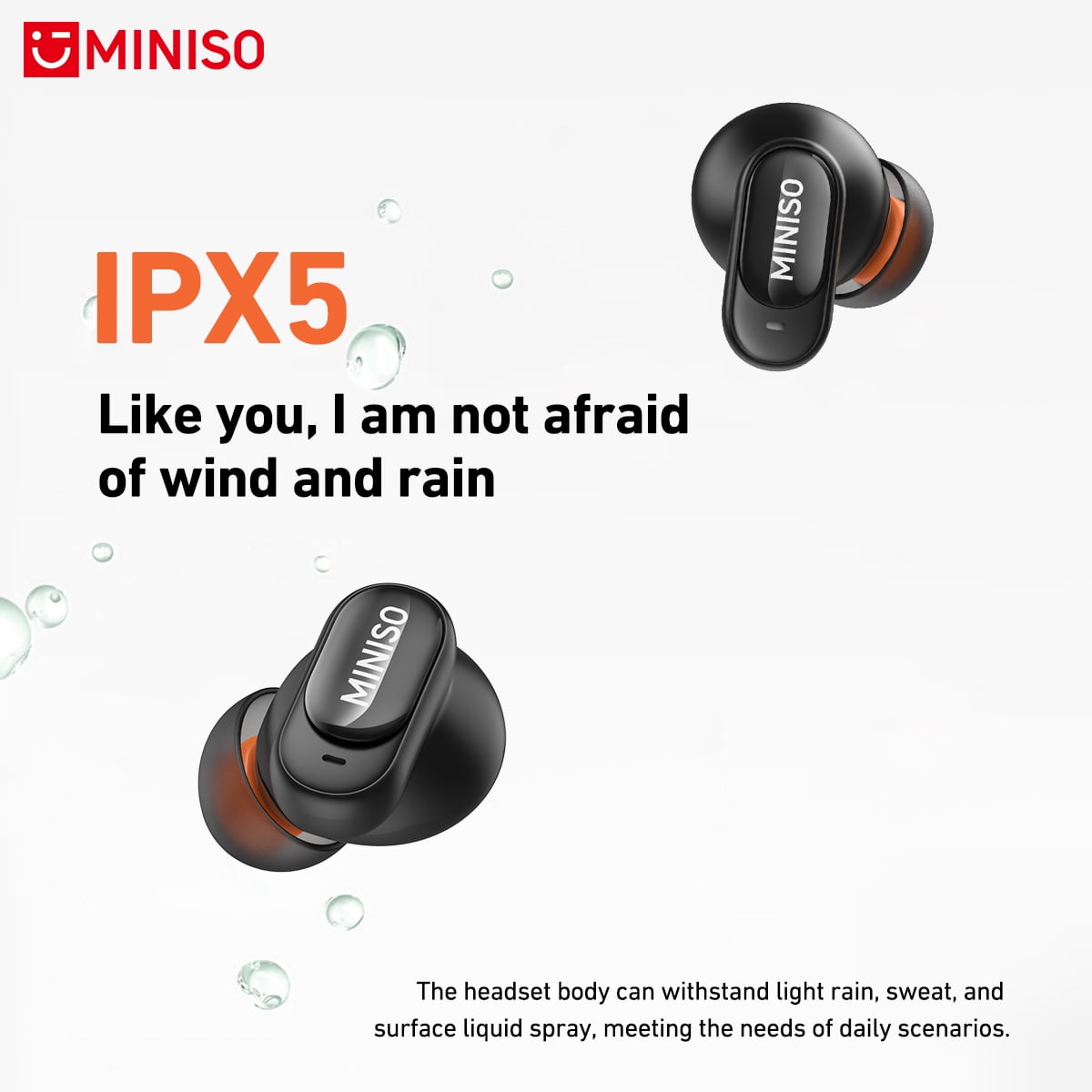 MINISO MS105 Wireless Bluetooth Earbuds, Mini In-Ear Headphones, Waterproof, Short Handle Design, for Work, Sports and Sleep, Black