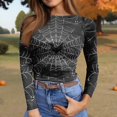 thumbnail image 6 of Satingcolo Womens Halloween Long Sleeve Crewneck Shirts Fall Trendy Funny Pumpkin Bats Skull Graphic Slim Basic Tops Dark Gray 2XL, 6 of 6