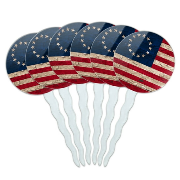 Rustic Betsy Ross 1776 Distressed American Flag Cupcake Picks Toppers Decoration Set of 6