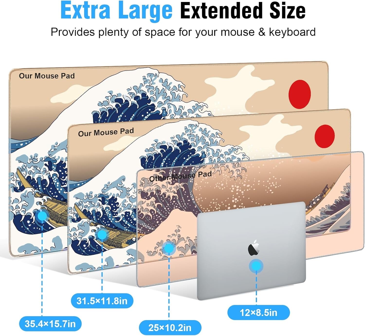 Japanese Sea Wave Mouse Pad - 31.5x11.8 Inch Professional Gaming Mouse Pad, Accuracy Control Smooth Surface, Non-Slip Rubberized Base, Full Desk Mouse Pad & Keyboard Pad