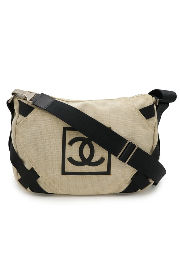 Pre-Owned CHANEL Sport Line Coco Mark Shoulder Bag, Canvas, Beige, Black (Fair)