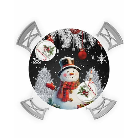 

Round Tablecloth with Elastic Christmas Ball Snowman Gifts Xmas Tree Snowflake Black Waterproof Table Cover Wipeable Fitted Table Cloths for 45 -54 Round Tables Dining Kitchen Indoor Outdoor Use