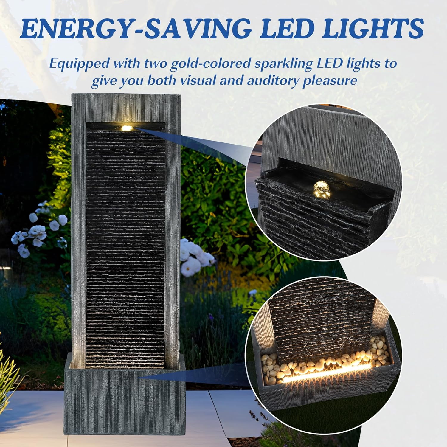 MAGIC UNION Water Fountain Outdoor Garden - Indoor Modern Water Fountain Freestanding Fountains, 49.6" H Contemporary Curves Garden Fountain with LED Lights, Pump and Natural Stones for Garden, Patio