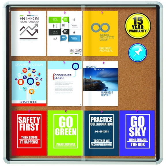 Quartet Enclosed Cork Bulletin Board, 38" x 39" or 12 Sheets, 2 Sliding Doors, Aluminum Frame EISC3938