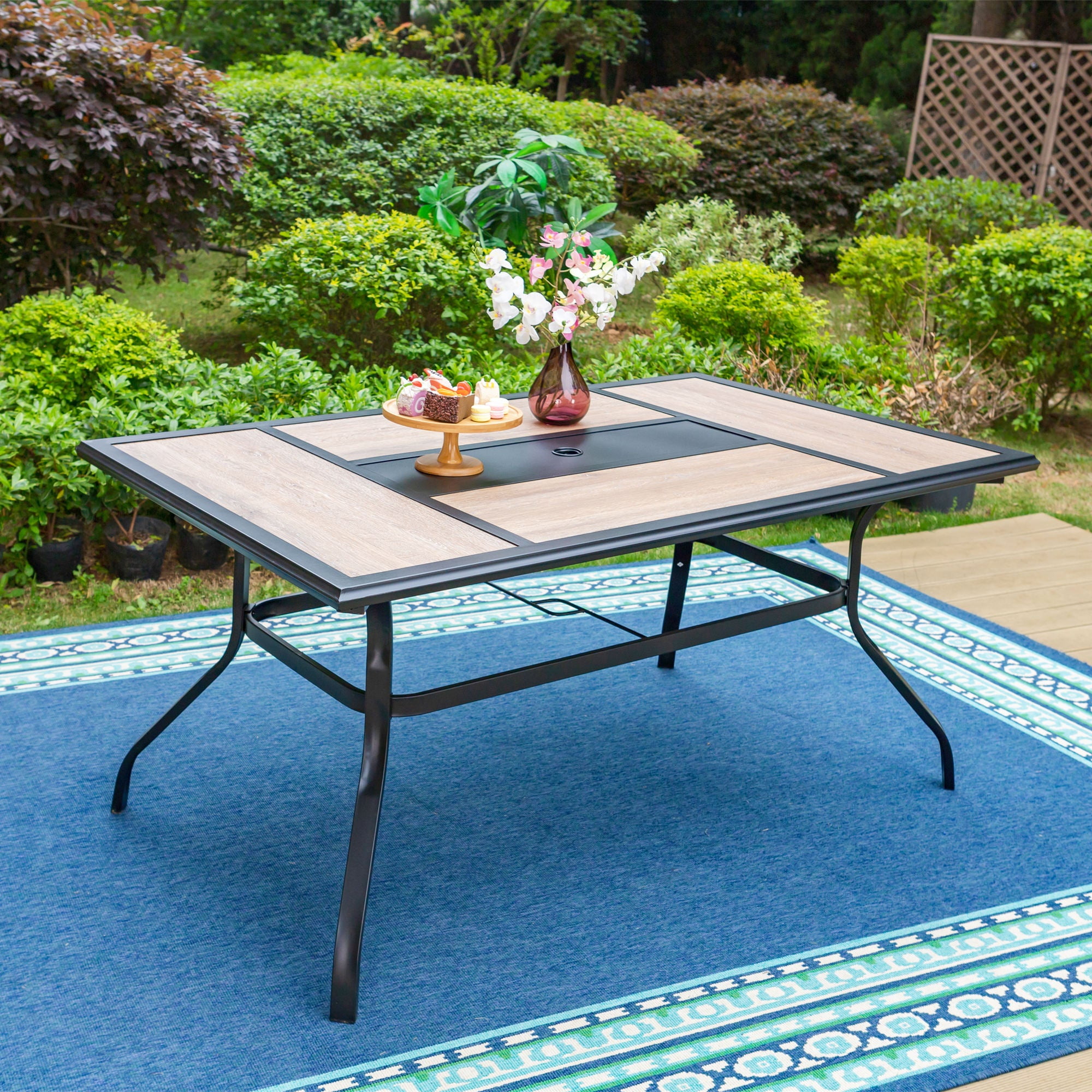 Summit Living Rectangle Outdoor Dining Table with Faux Wood Top & Umbrella Hole for 6Person