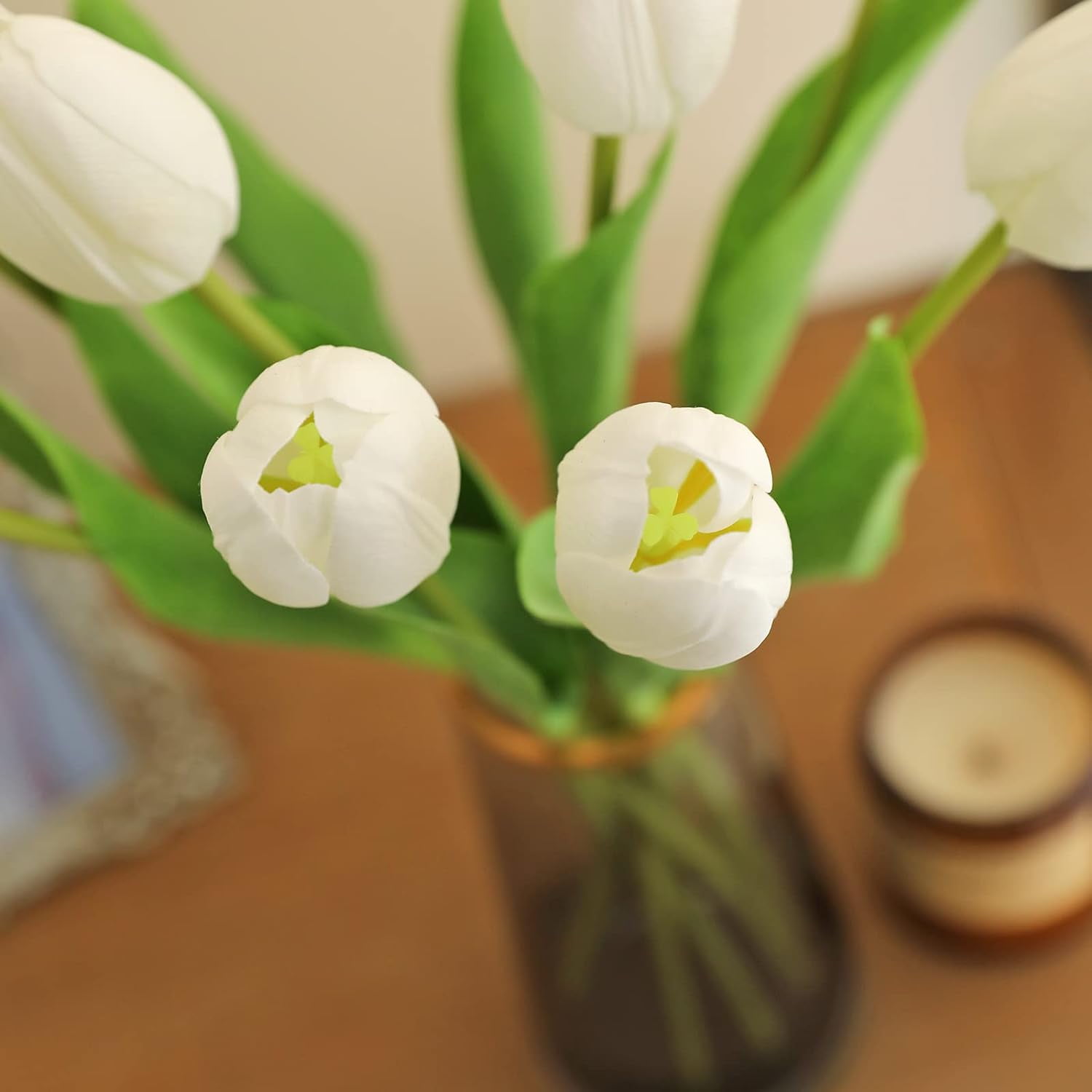 10Pcs Yellow Artificial Tulips Silk Flowers, Long Stem and Green Leaves, Fake Flowers Decoration for Vase, Wedding, Party, Kitchen, Office, Home, Bedroom, Table Centerpiece Decor