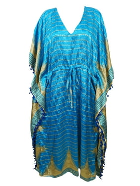 Mogul Blue Maxi Long Caftan Printed Pom Pom Tassel V Neck Silk Blend Beach Cover Up Sleepwear Wedding Kaftan Dress 4X