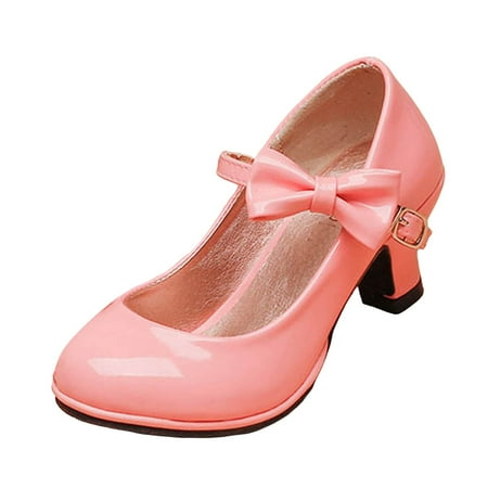 JDEFEG Girls Formal Shoes Toddler Leather Shoes Wedding Party Heel Princess Flower Girl Shoes Pu Leather High Heel Bowknot Girls Dress Shoes Pink Size 15.5