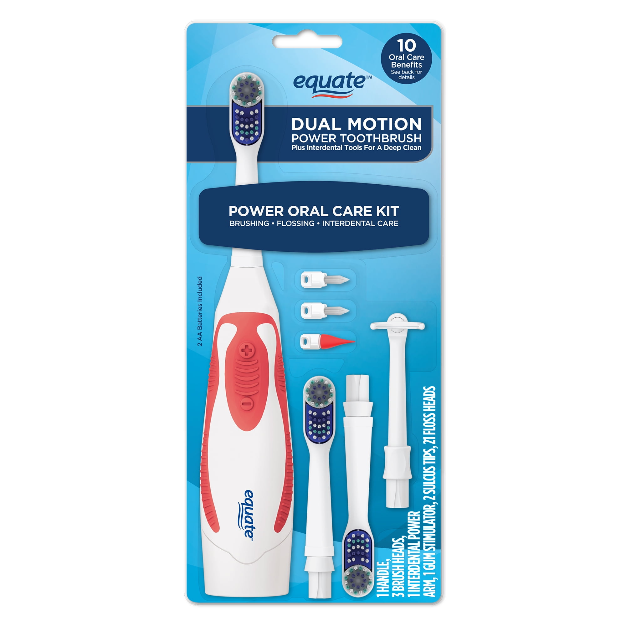 Equate Dual Motion Power Oral Care Kit with Interdental Tools, Soft Bristles