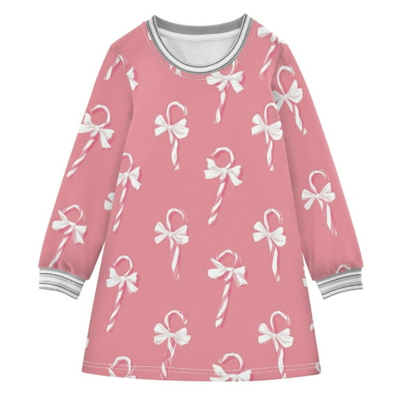 Christmas Pink Candy Cane with Bows Long-sleeved Dress A-line One-Piece Dress for 2-8 Years Casual Party 2T