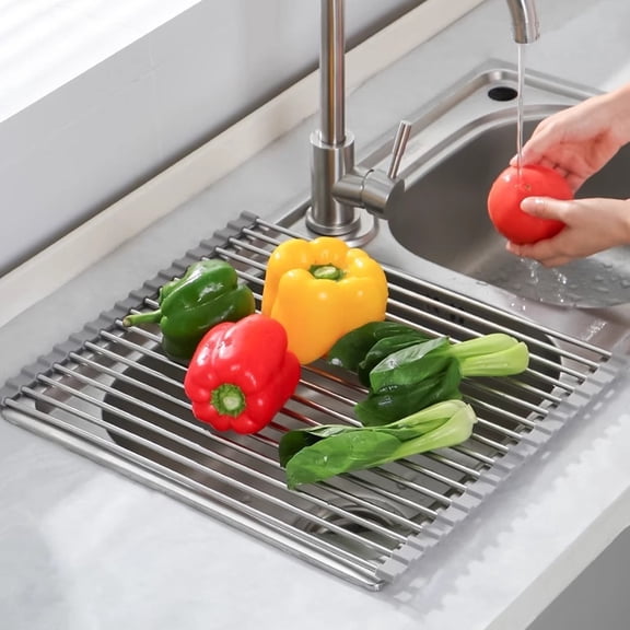 Foldable Stainless Steel Sink Drying Rack - Roll-Up Drain Mat for Kitchen