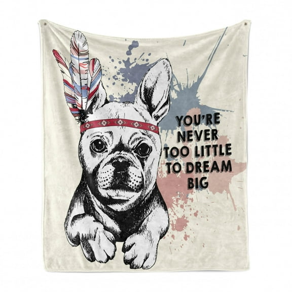 Abstract Soft Flannel Fleece Throw Blanket, Animal Pub Dog with Tribal Feathers and Inspirational Words Print, Cozy Plush for Indoor and Outdoor Use, 70" x 90", White Black, by Ambesonne
