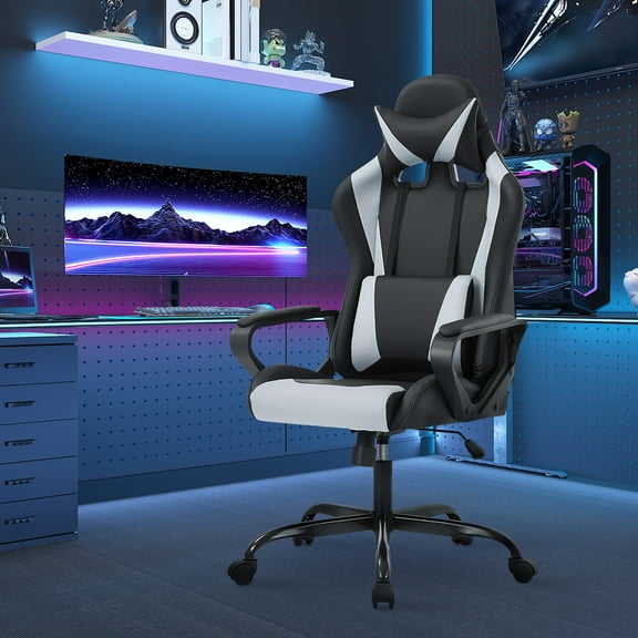 Dax Ergonomic Adjustable Height Faux Leather Black and White Gaming Chair with Lumbar Pillow