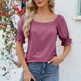 thumbnail image 2 of HAPIMO Women's Trendy Cotton Linen Loose Tops Clearance Square Neck Pullover for Teen Girls Solid Color Ruched Summer Tees Elegant Casual Relaxed Blouses Short Sleeve Red XL, 2 of 5