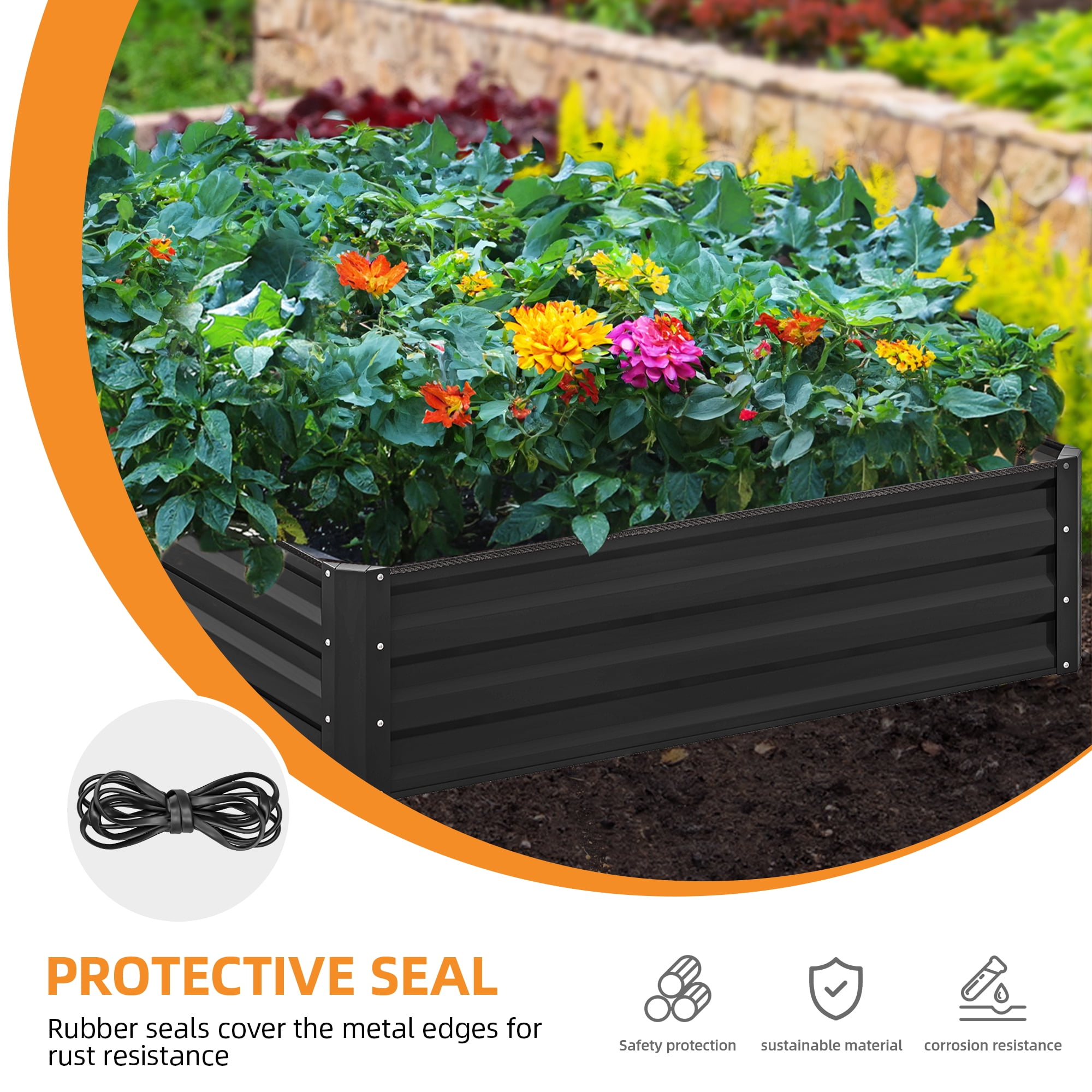 Uforic 12ftx4ft Extra-Large Raised Garden Bed Kit,Outdoor Galvanized Metal Patio Planter Box with Safety Rubber & Ground Nails&Gloves, for Vegetables Flowers,Black