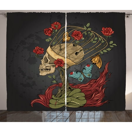 Mexican Bush - Skull Curtains 2 Panels Set, Evil Mexican Sugar Skeleton with Kitsch Bush of Roses Snake and Butterfly Artwork, Window Drapes for Living Room Bedroom, 108W X 90L Inches, Ruby Dark Grey, by Ambesonne