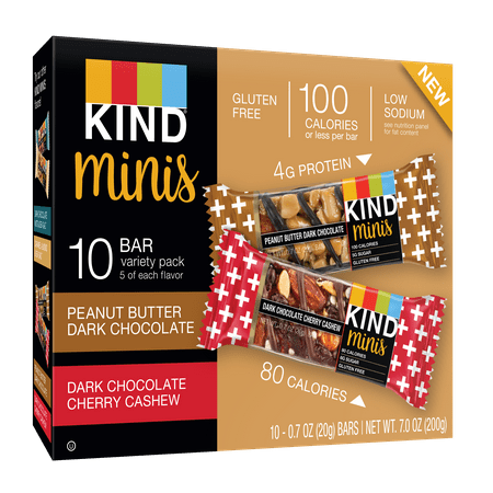 Kind Mini, Peanut Butter Dark Chocolate and Dark Chocolate Cherry Cashew, 10 Ct, Gluten Free, 100