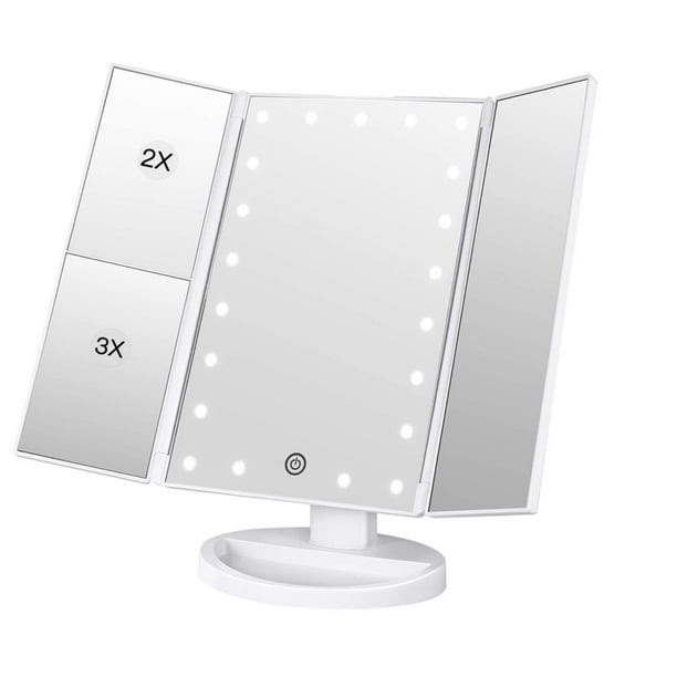 Espejo de maquillaje de tocador iluminado con 3 pliegues, aumento de 1X/2X/3X, espejo de mesa brillante con 21 luces LED y pantalla táctil, rotación ajustable de 180