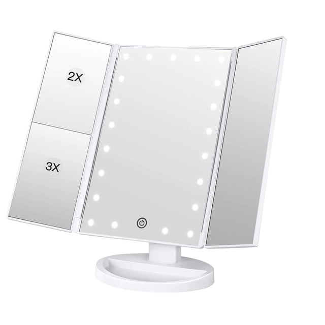 Espejo de maquillaje de tocador iluminado con 3 pliegues, aumento de 1X/2X/3X, espejo de mesa brillante con 21 luces LED y pantalla táctil, rotación ajustable de 180