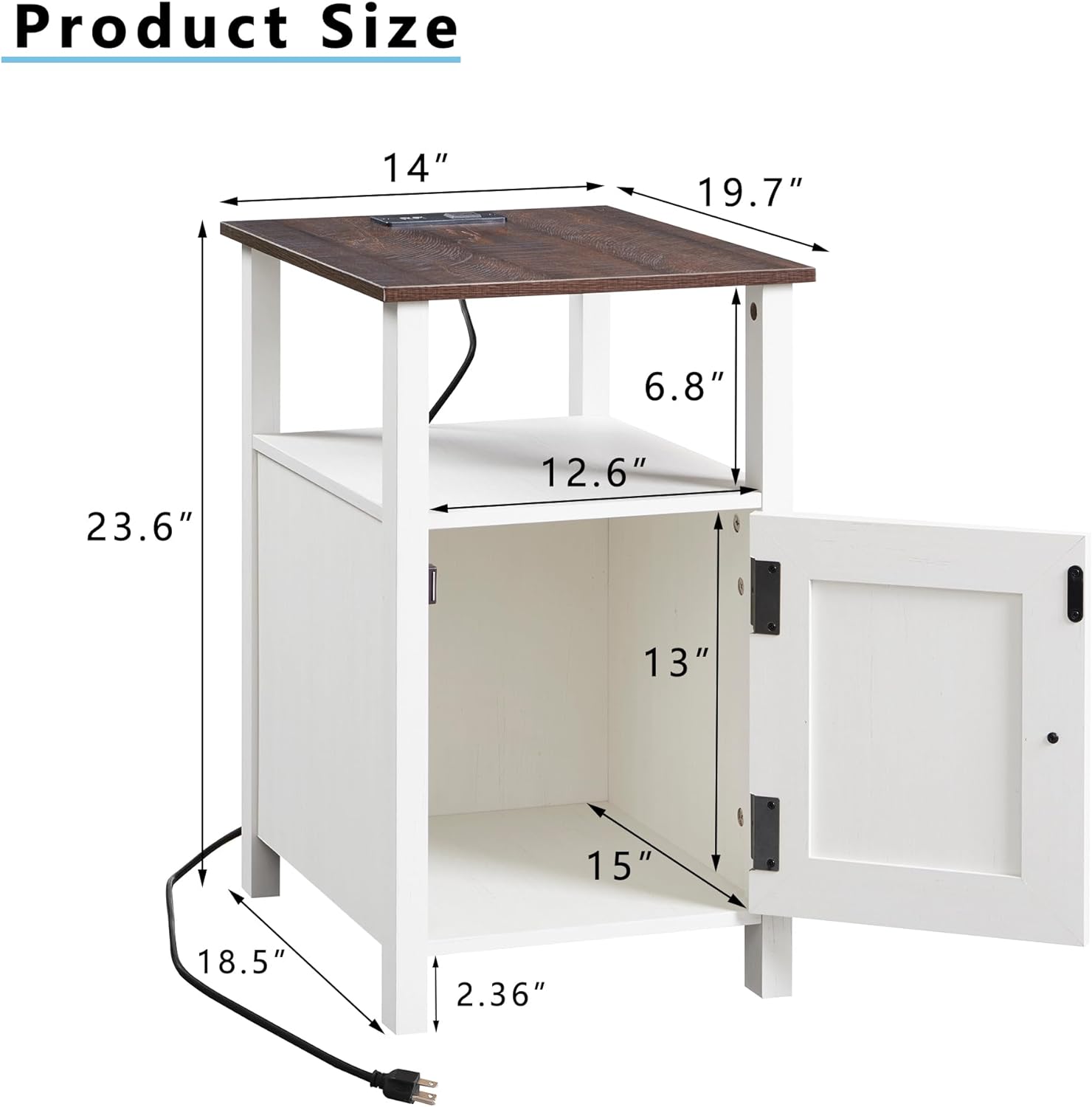 SinCiDo Farmhouse Nightstand Set of 2 with Charging Station, Barn Door & Open Shelves, White Wood