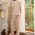 thumbnail image 2 of Summer Lounge Outfits for Women 2 Piece Bowknots Short Sleeve V Neck Shirt and Long Pants Soft Pjs Sets (XL, Beige), 2 of 7