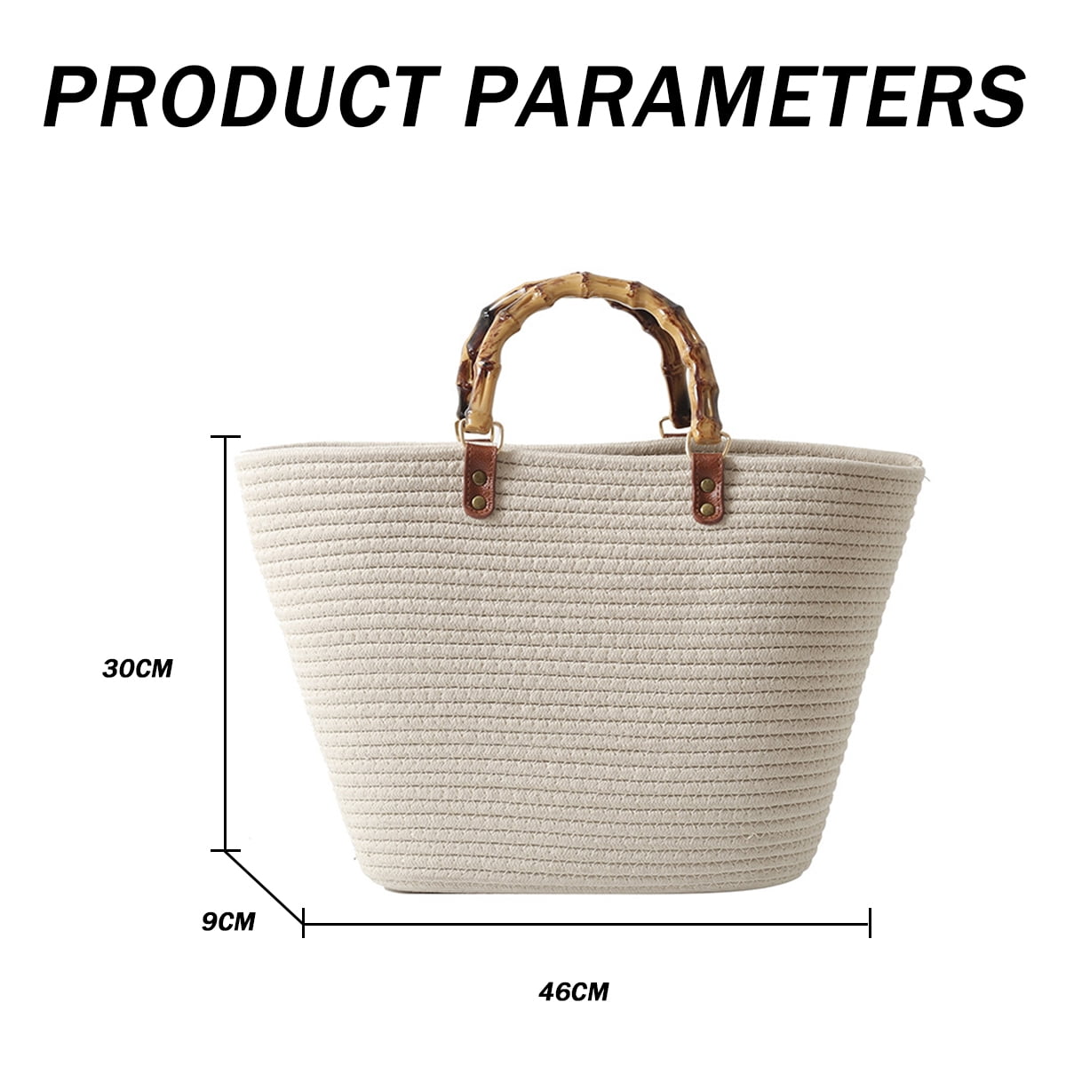 Women Straw Large Tote Bag Retro Bamboo Handle Strip Beach Handbag Summer Woven Handmade Elegant Travel Purse - Off white