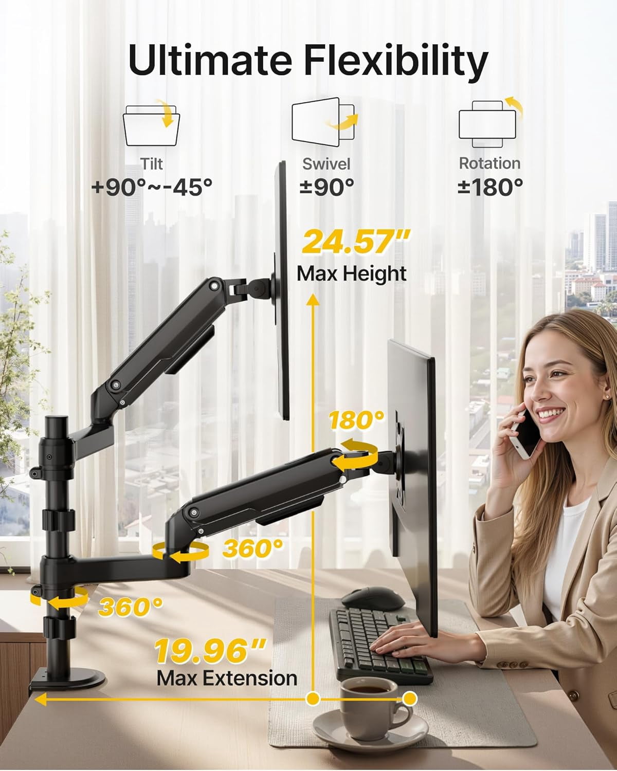 monTEK Vertical Dual Monitor Stand for 17"-32" Screens, Stacked Dual Monitor Mount with Full Motion Adjustment, Heavy Duty Steel Desk Mount, VESA 75/100mm, Holds 19.8 lbs