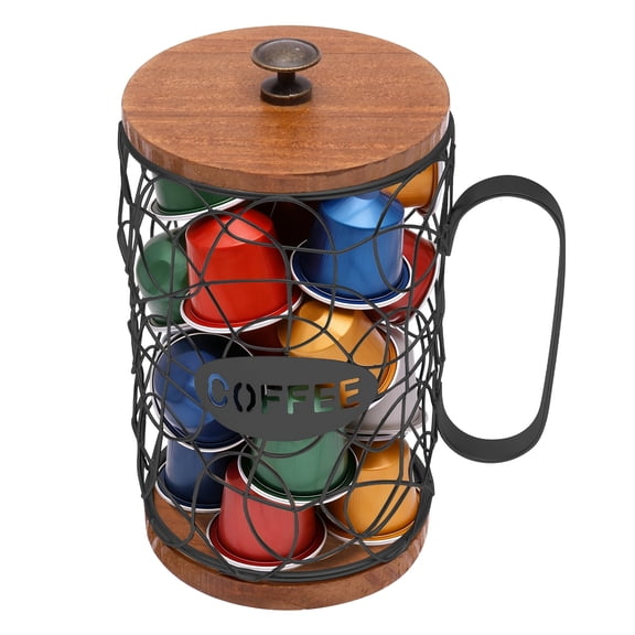 Coffee Pod Holder with Lid, Large Capacity K Cup Holder with Rustic Wooden Base, Black Wire Coffee Storage Basket for Kitchen Countertop, Cafe Bar Organizer Accessories