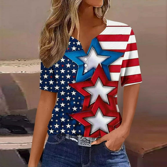 Cavosen Red White and Blue Clothes for Women Petite Red White and Blue Short Sleeve V-Neck T Shirts USA Star Striped Graphic Tops Lady XL Patriotic Casual T Shirts Independence Day Tunic Tees