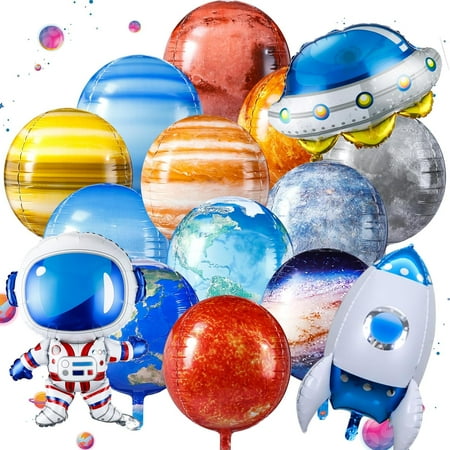 15 Pcs Space Balloons Space Party Decorations 22 Inch Galaxy Solar System World Map Globe Planet Balloons Inflatable Spaceship Rocket Astronaut Balloon for Birthday Party Decor