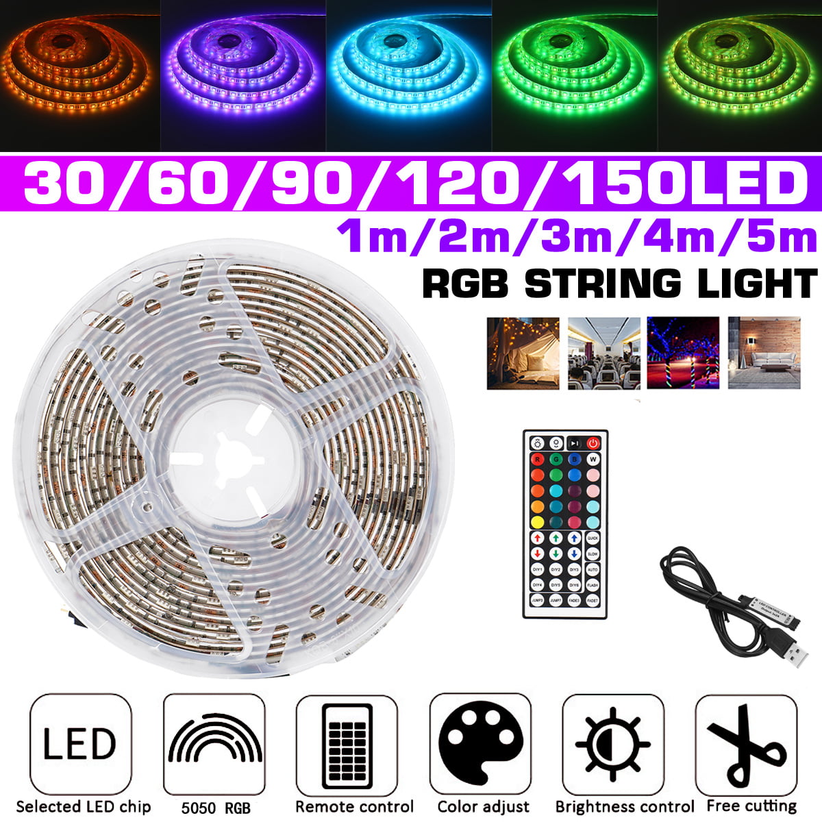 Details about   5-20M LED Strip Lights RGB Party Decor TV Lighting Color Changing Tape Cabinet