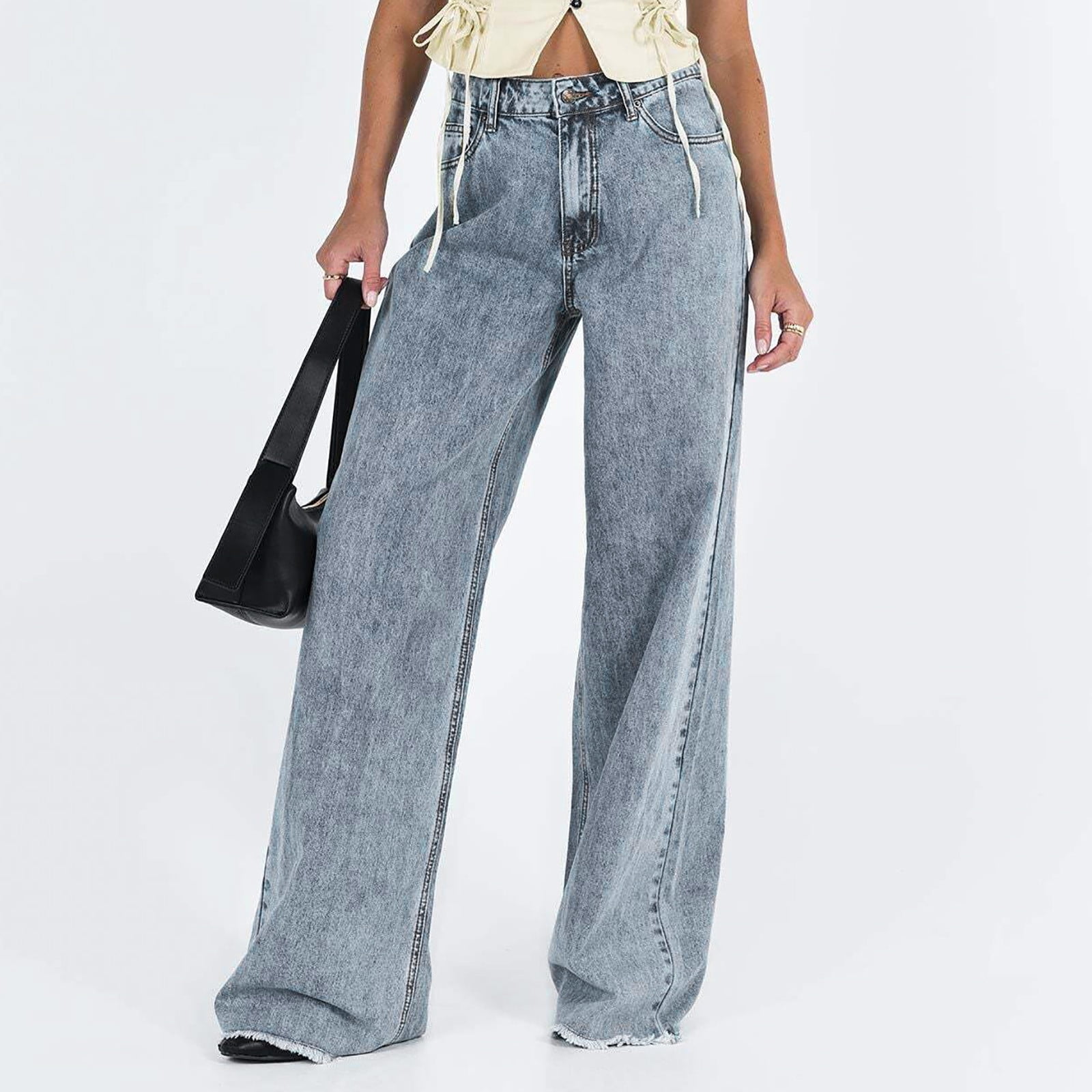 Pull On Womens Jeans Baggy Stretchy High Waisted Denim Wide Pull On Womens Jeans Baggy Stretchy High Waisted Denim Wide