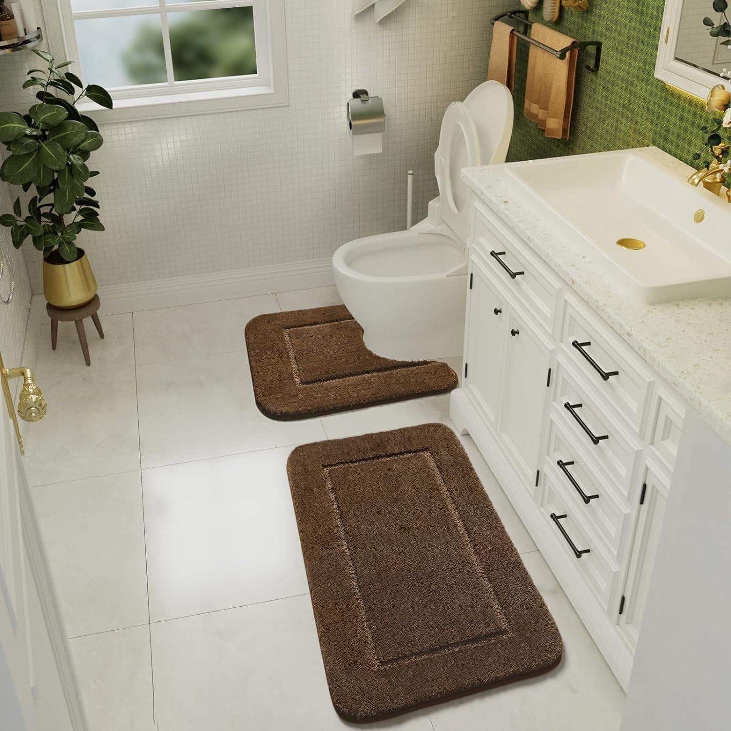 Homore Bathroom Rugs Sets, Luxury Bath Mat Set Anti-Slip Bath Rug and U-Shaped Toilet Mat Brown