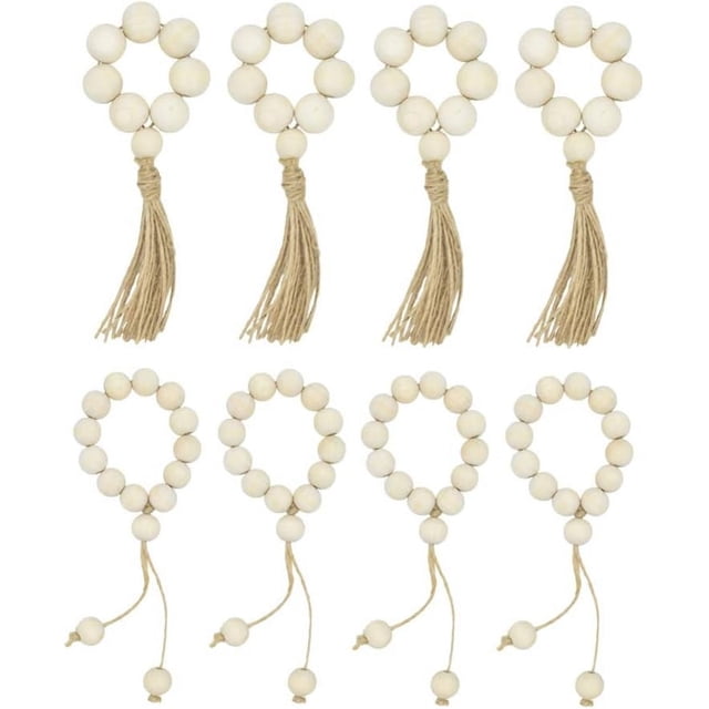 Decoración Boho Chic, Decoración versátil para el hogar: Guirnalda de cuentas de madera natural de 6,3", estilo rústico de granja con borlas, 8 piezas, cuentas de madera sin pintar para banquetes y