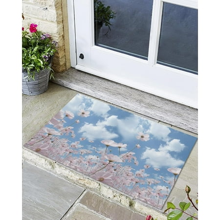 

Front Door Mat Non-Slip Absorbent Door Entry Mats Doormats Indoor/Outdoor Entrance Sky White Clouds Flowers Doormat - Easy to Clean Floor Mats for Home 20x32 Inch