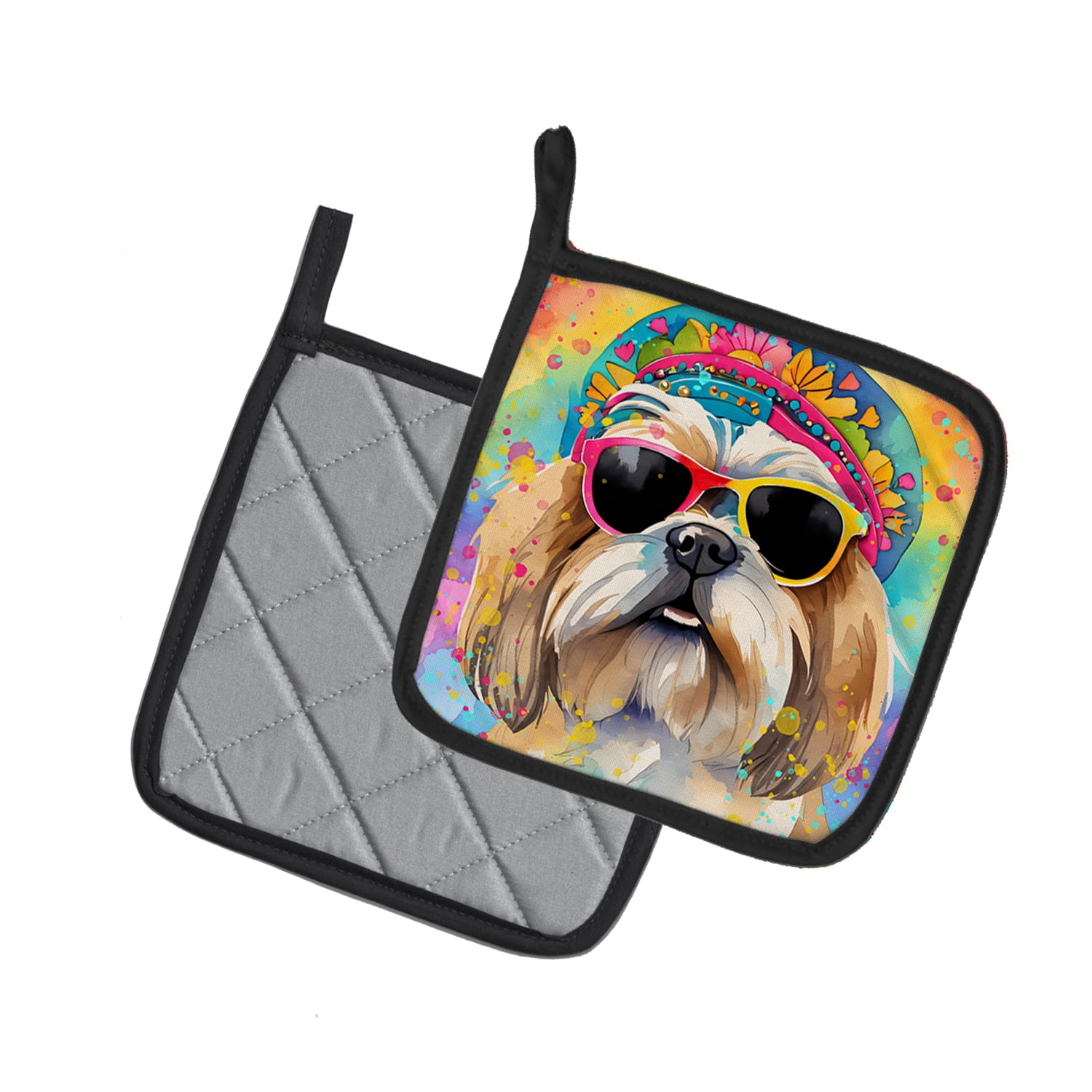 Shih Tzu Hippie Dawg Pair of Pot Holders 7.5 in x 7.5 in