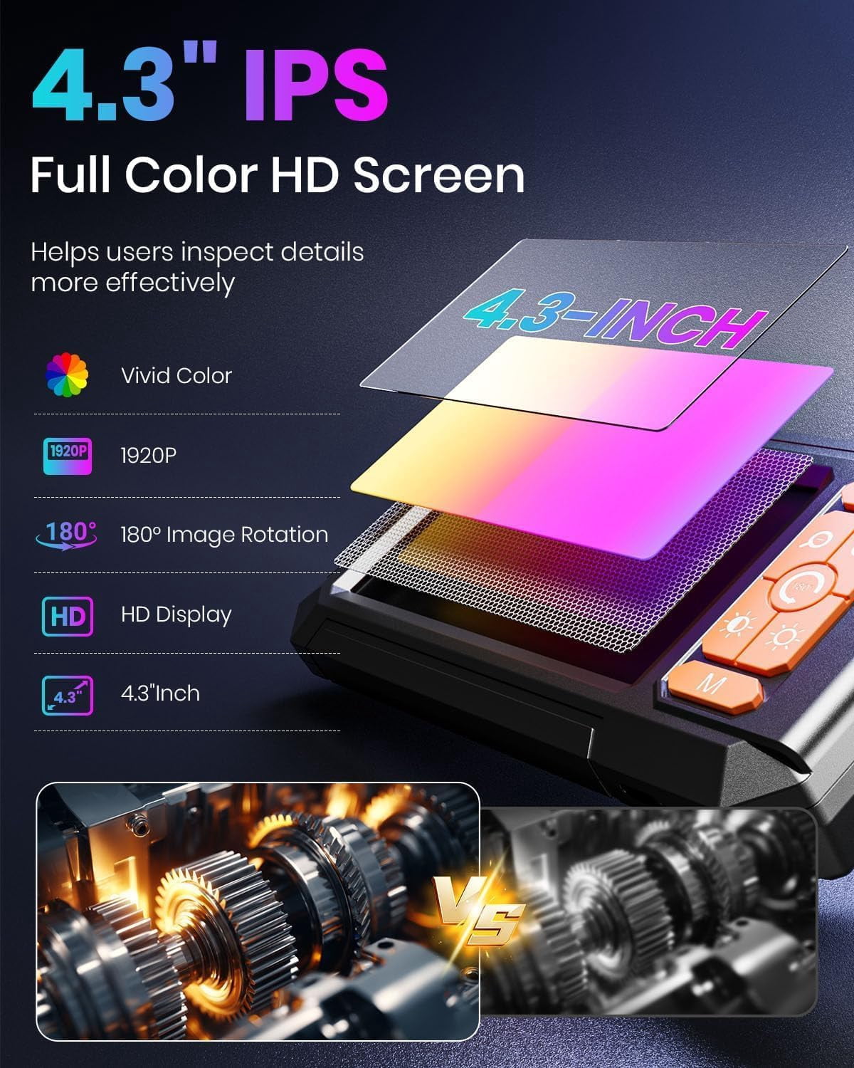 Endoscope Camera with 8 LED Lights, 4.3" IPS Screen 1080P HD Borescope, 5M Semi-Rigid Cable Bore Scope - Gadgets & Tools for Men
