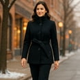 thumbnail image 6 of Alpine Swiss Bella Womens Belted Blazer Button Up Wool Coat Funnel Neck Jacket, 6 of 7
