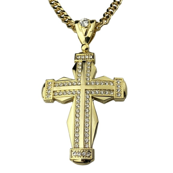 Mens 18K Gold Plated Huge Big Iced Double Cross Pendant Cuban Link Necklace Hip Hop Chain 30" inch