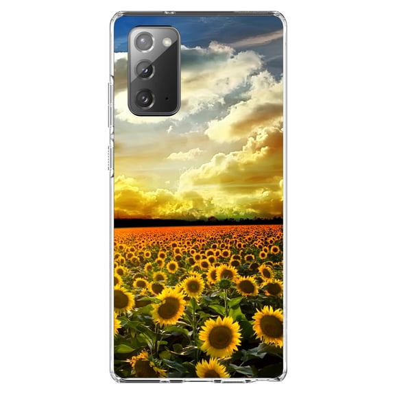 DistinctInk Clear Shockproof Hybrid Case for Samsung Galaxy Note 20 (6.7" Screen) - TPU Bumper, Acrylic Back, Tempered Glass Screen Protector - Green Blue Yellow Sunflowers
