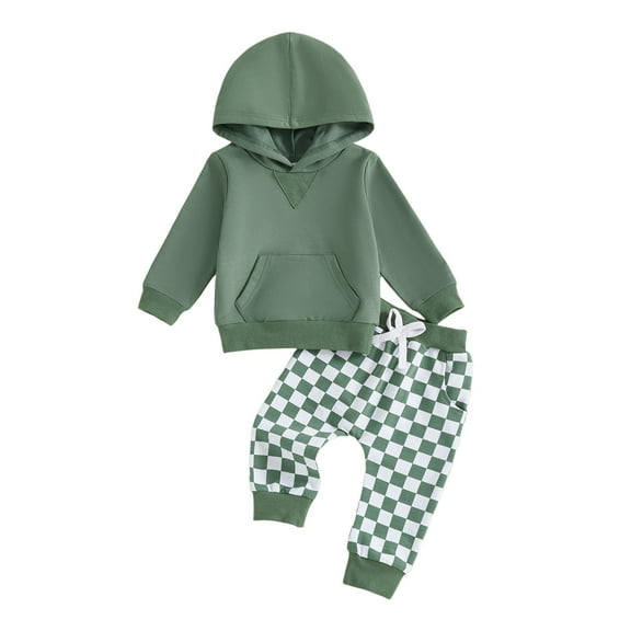 Xudanell Toddler Clothes for Boys Long Sleeved Hooded Top Solid Color Coming Home Outfit Boy Checkered Pants Sets Green 2-3 Years
