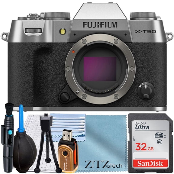 FUJIFILM X-T50 Appareil Photo Sans Miroir-Argent (Boîtier Seulement) avec Carte Mémoire SanDisk 32 Go + Ensemble d'Accessoires ZeeTech