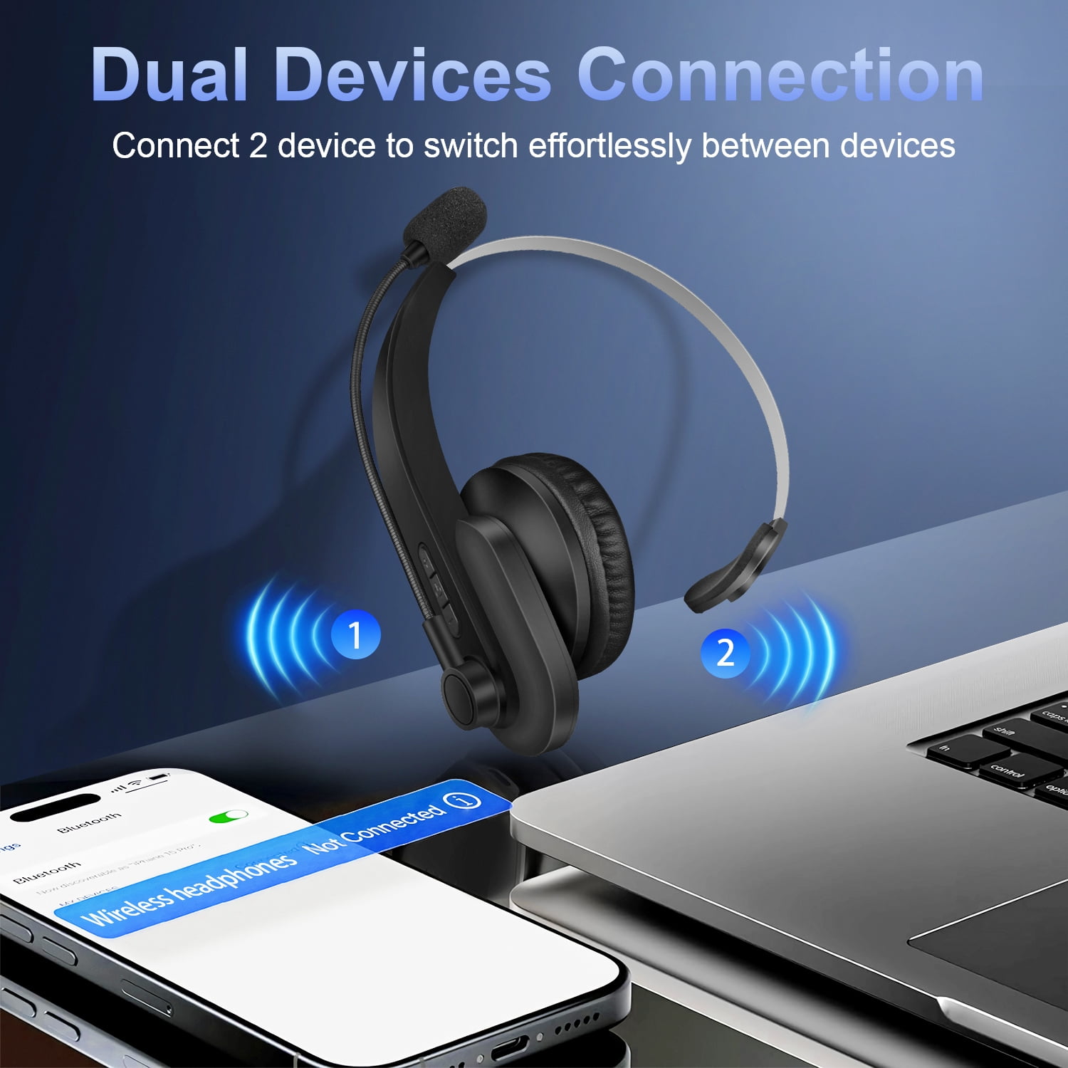 ABCPOW Trucker V5.4 Bluetooth Headset with Microphone,Noise Cancelling,Mute Button&Charging Base,Wireless On-Ear Headphones 60Hrs Playtime Wireless Headset for Office PC/Work/Cell Phone/Call Center